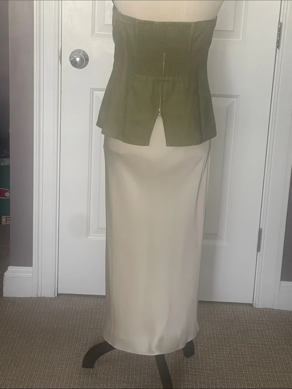 Reformation Iskra Two Piece Olive Strapless Top with Cream Satin Midi Skirt Set